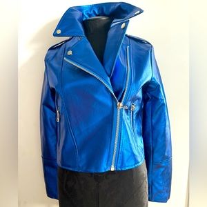 7 FOR ALL MANKIND ELECTRIC BLUE METALLIC FAUX LEATHER CROPPED MOTO BIKER JACKET
